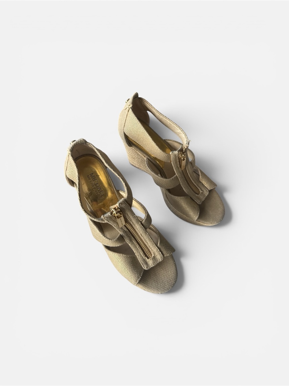 Michael Kors Metallic Beige Wedge Sandals with Front Zipper
